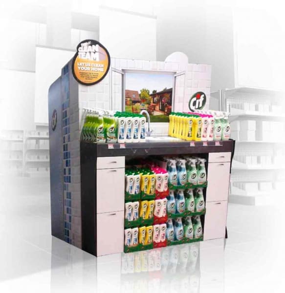 Custom-Floor-Display With Packaged Bottles and labels