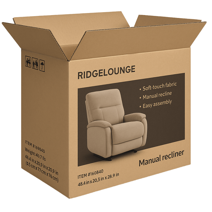 Custom printed corrugated box, regular slotted container (RSC), furniture packaging